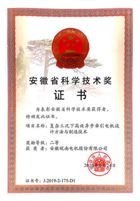 2019年安徽省科技進(jìn)步二等獎(jiǎng):皖南電機(jī):&ldquo;復(fù)雜工況下高效異步牽引電機(jī)設(shè)計(jì)方法與制造技術(shù)&rdquo;