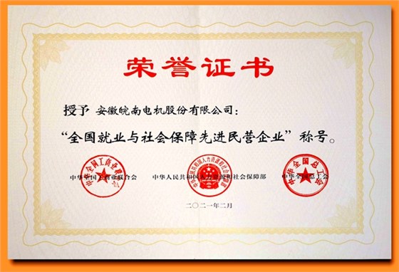 皖南電機(jī):全國就業(yè)與社會(huì)保障先進(jìn)民營企業(yè) 皖南電機(jī):全國就業(yè)與社會(huì)保障先進(jìn)民營企業(yè)